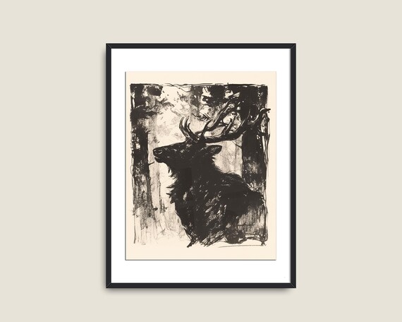Stag Forest Dark Ink Sketch Expressionist Wildlife Monochrome Art Poster