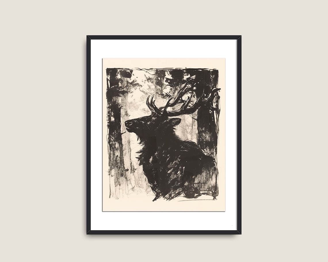 Stag Forest Dark Ink Sketch Expressionist Wildlife Monochrome Art Poster