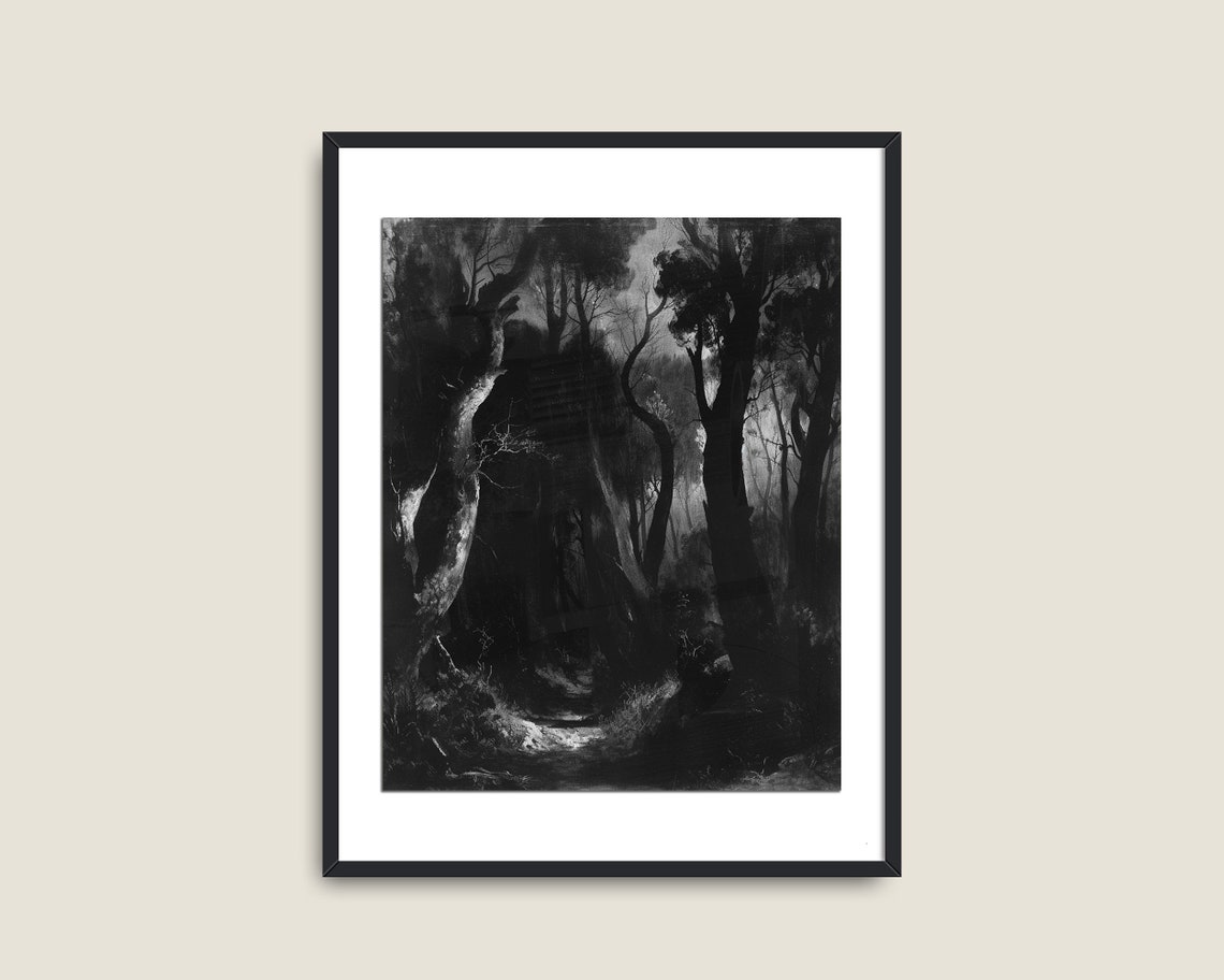 Dark Moody Black And White Forest Path Gothic Woodland Wall Art - Image 2