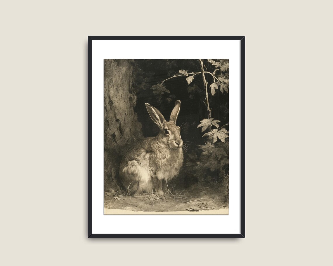 Vintage Hare Rabbit Sepia Etching Woodland Animal Painting Antique Bunny Poster - Image 2