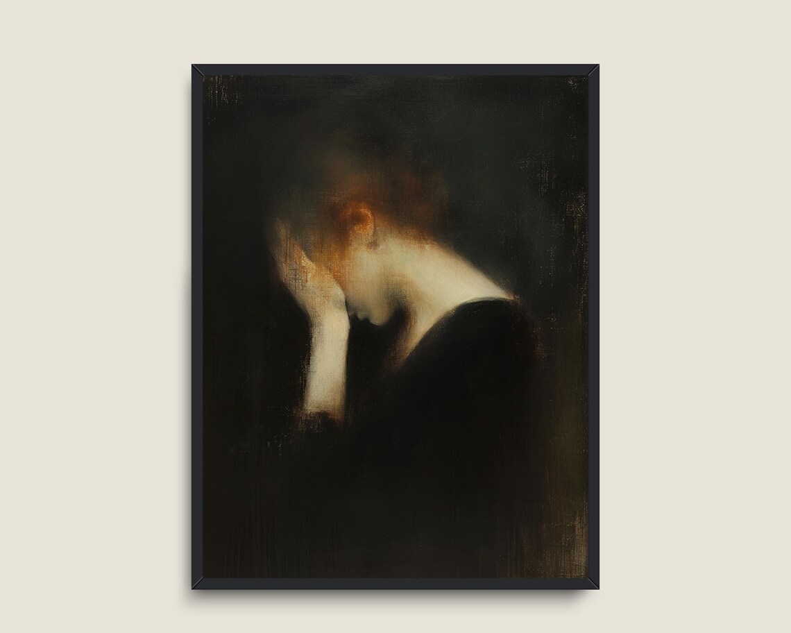 Dark Moody Woman Portrait Red Hair Bowed Head Dark Academia Art Poster - Image 2