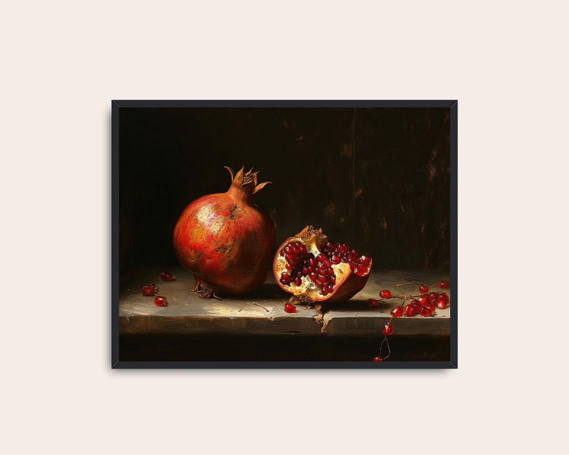 Moody Pomegranate Still Life Painting Dark Vintage Kitchen Poster - Image 3