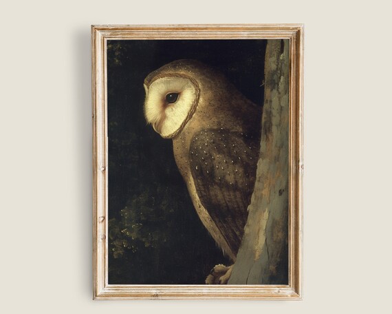 Vintage Owl Painting Dark And Moody Wall Art Dark Academia Decor Art Nature Animal Painting Owl Bird Prints Barn Owl Golden