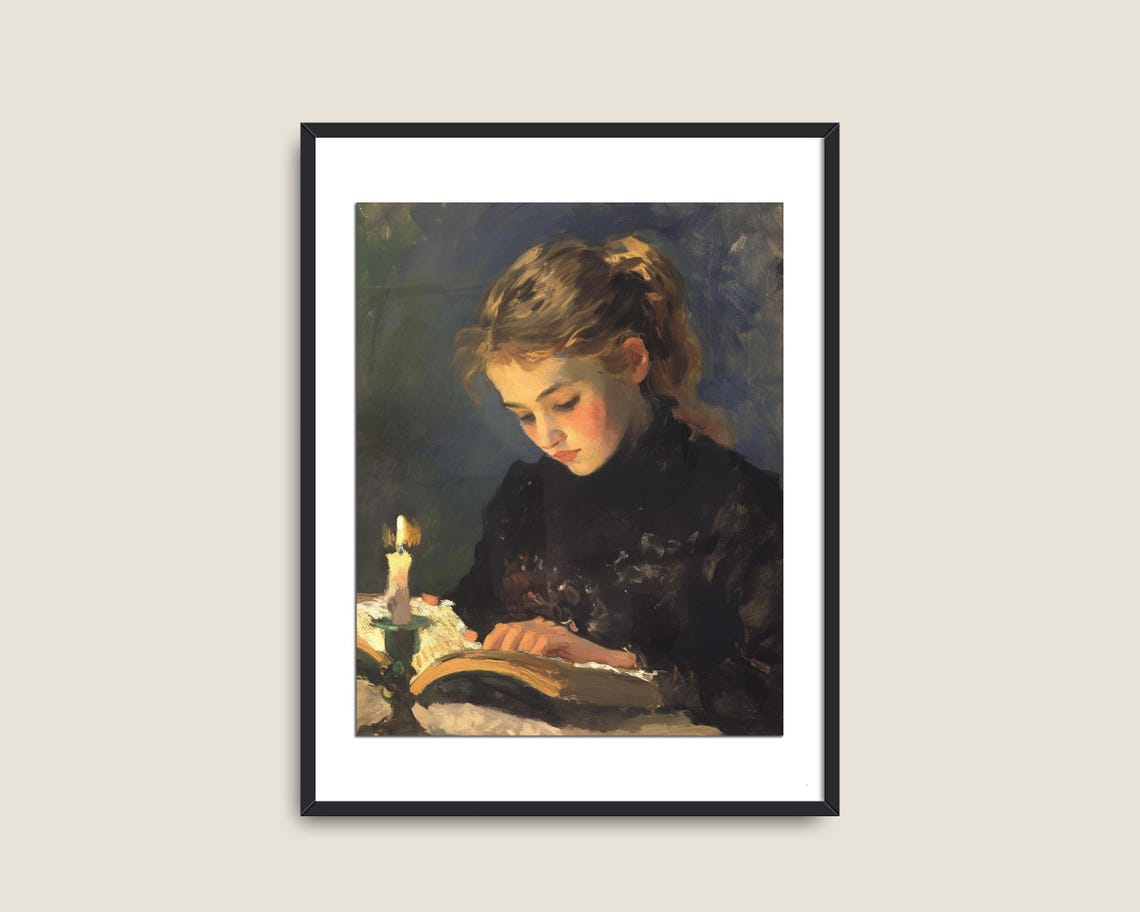 Woman Reading By Candlelight Vintage Dark Academia Library Print - Image 2