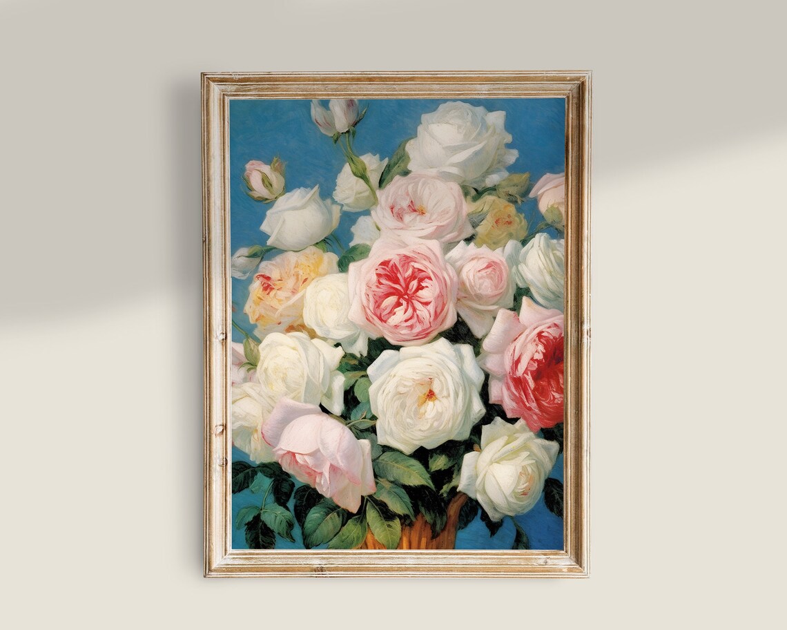 White Pink Roses Bouquet Still Life Botanical Floral Wall Art Poster