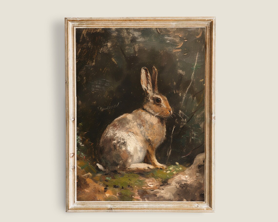 Wild Hare Dark Forest Oil Painting Vintage Moody Rabbit Wall Art