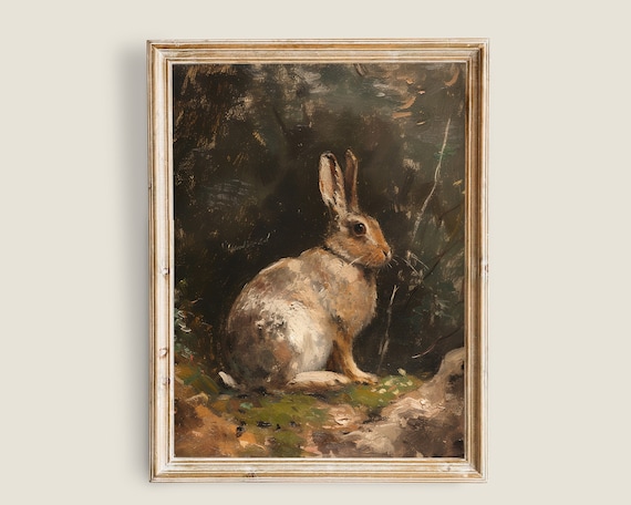 Wild Hare Dark Forest Oil Painting Vintage Moody Rabbit Wall Art