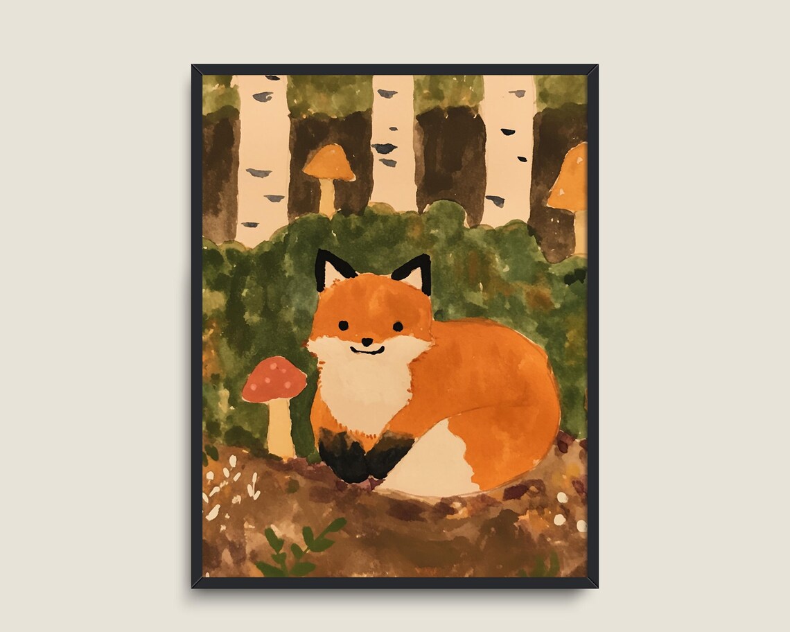 Cute Fox Birch Forest Watercolor Mushroom Woodland Nursery Kids Wall Art - Image 3