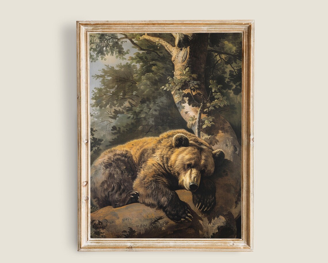 Brown Bear Resting Forest Tree Vintage Oil Painting Wildlife Art Poster