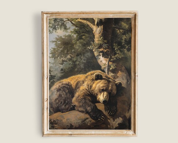 Brown Bear Resting Forest Tree Vintage Oil Painting Wildlife Art Poster