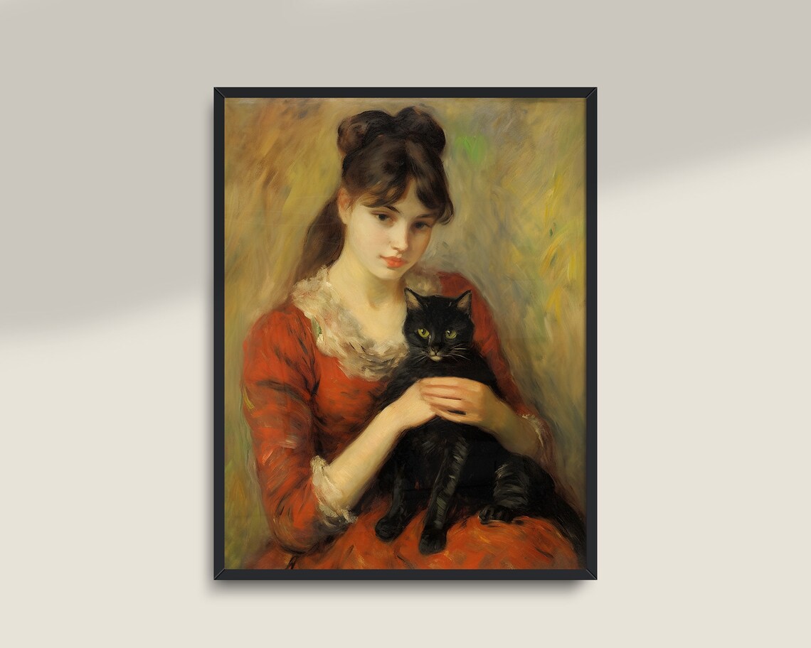 Woman With Cat Vintage Painting Art Print - Image 3