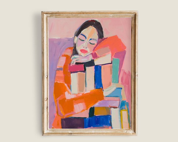 Colorful Modernist Woman Resting On Books Pink Background Art Print