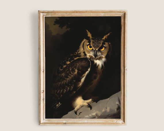 Vintage Horn Owl Painting Dark And Moody Wall Art Dark Academia Decor Art Nature Animal Painting Owl Bird Prints