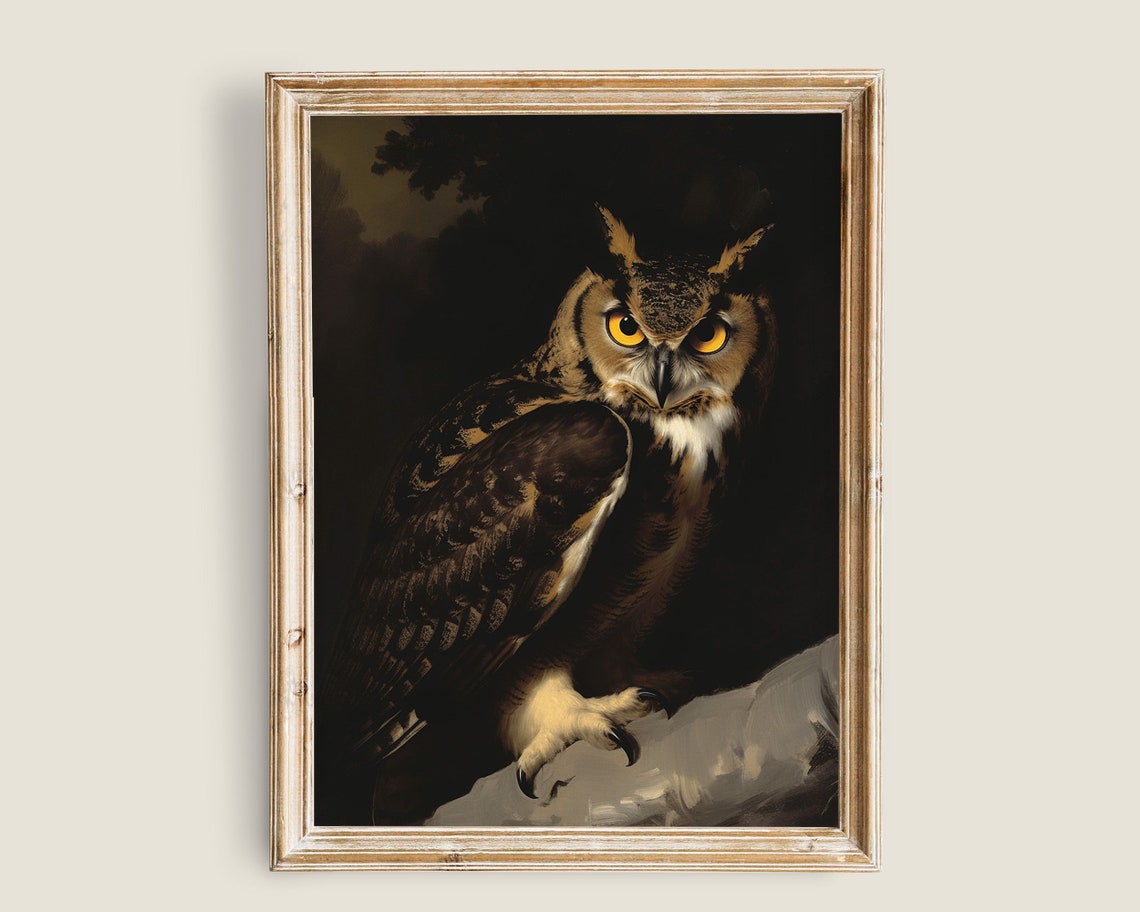 Great Horned Owl Amber Eyes Dark Forest Perch Moody Wildlife Print