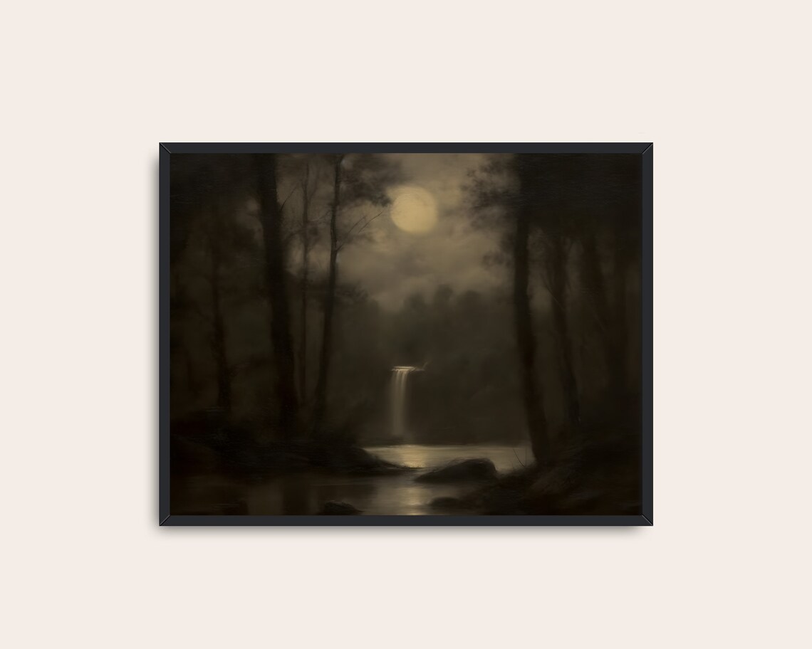Dark Academia Waterfall Moon Landscape Art Print - Image 3