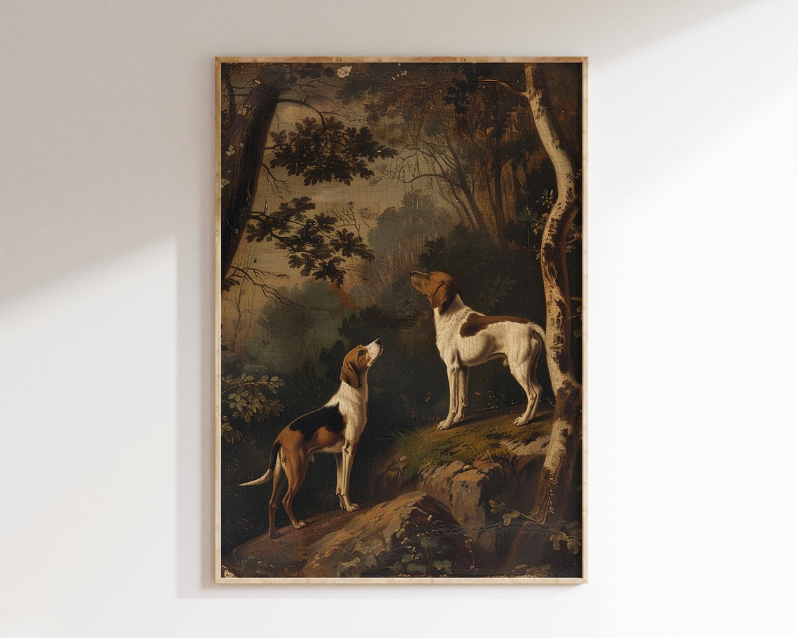 Hunting Dogs Vintage Art Print, Dark Academia Decor
