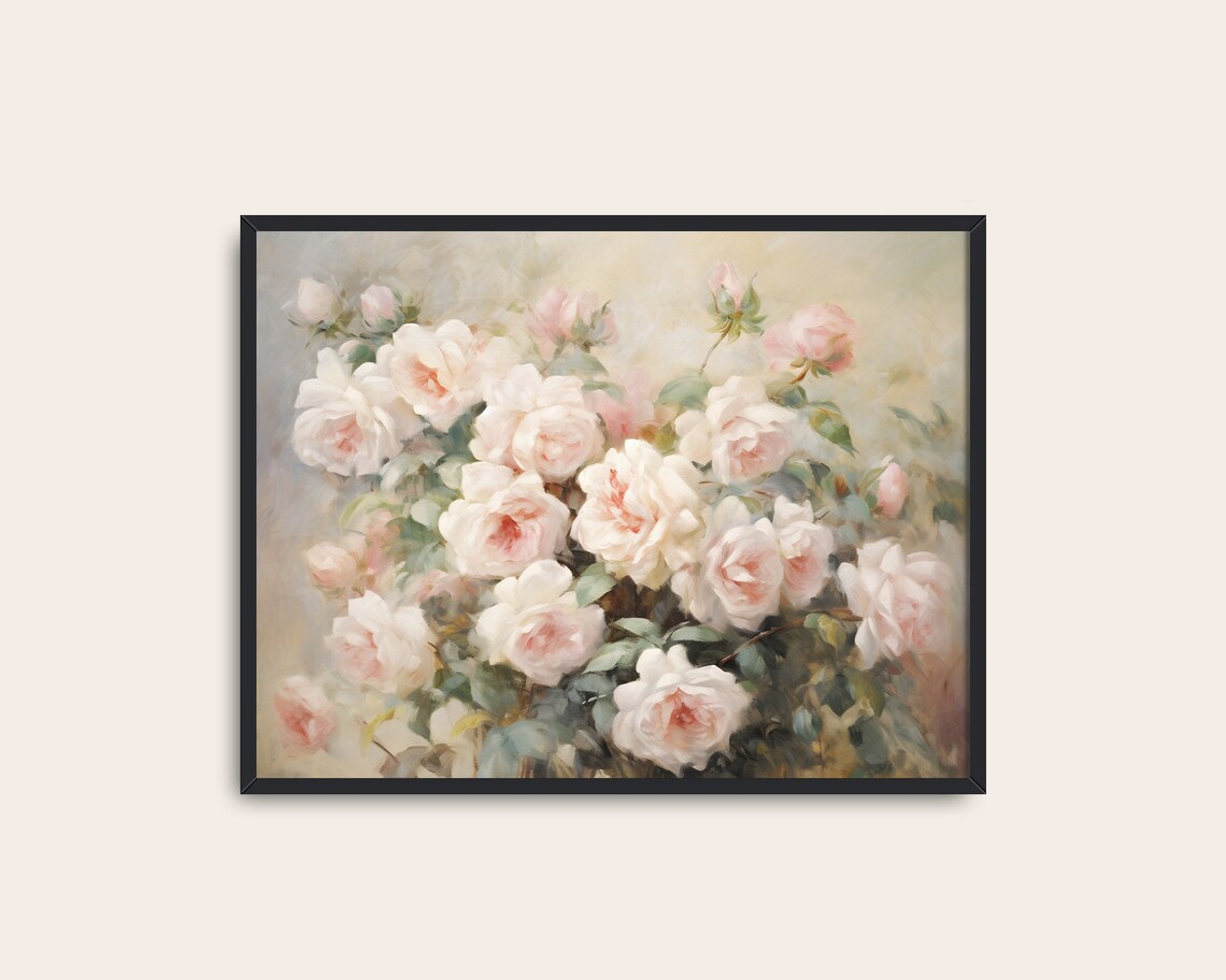 Pink Rose Bush Painting, Vintage Cottagecore Art Print - Image 3