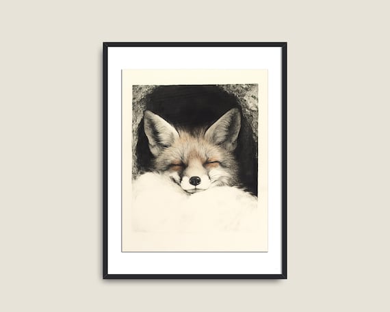 Sleeping Red Fox Curled Tail Vintage Monochrome Sketch Wildlife Art Poster