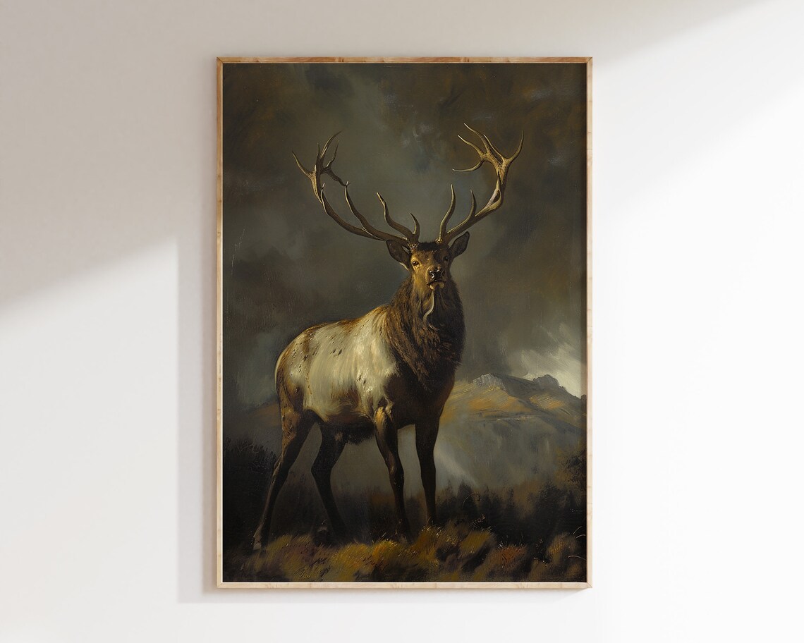 Stag Huge Antlers Dramatic Mountain Vintage Wildlife Painting Print - Image 2