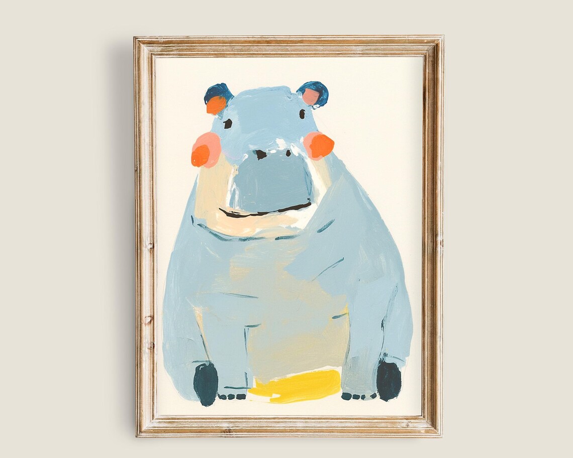 Adorable Blue Hippo Nursery Painting Pastel Kids Animal Poster