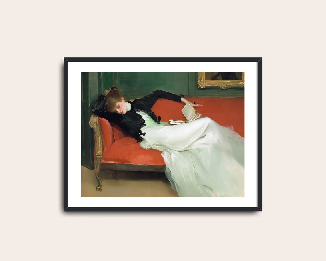 Victorian Woman Reading Book Red Chaise Antique Portrait Poster - Image 2