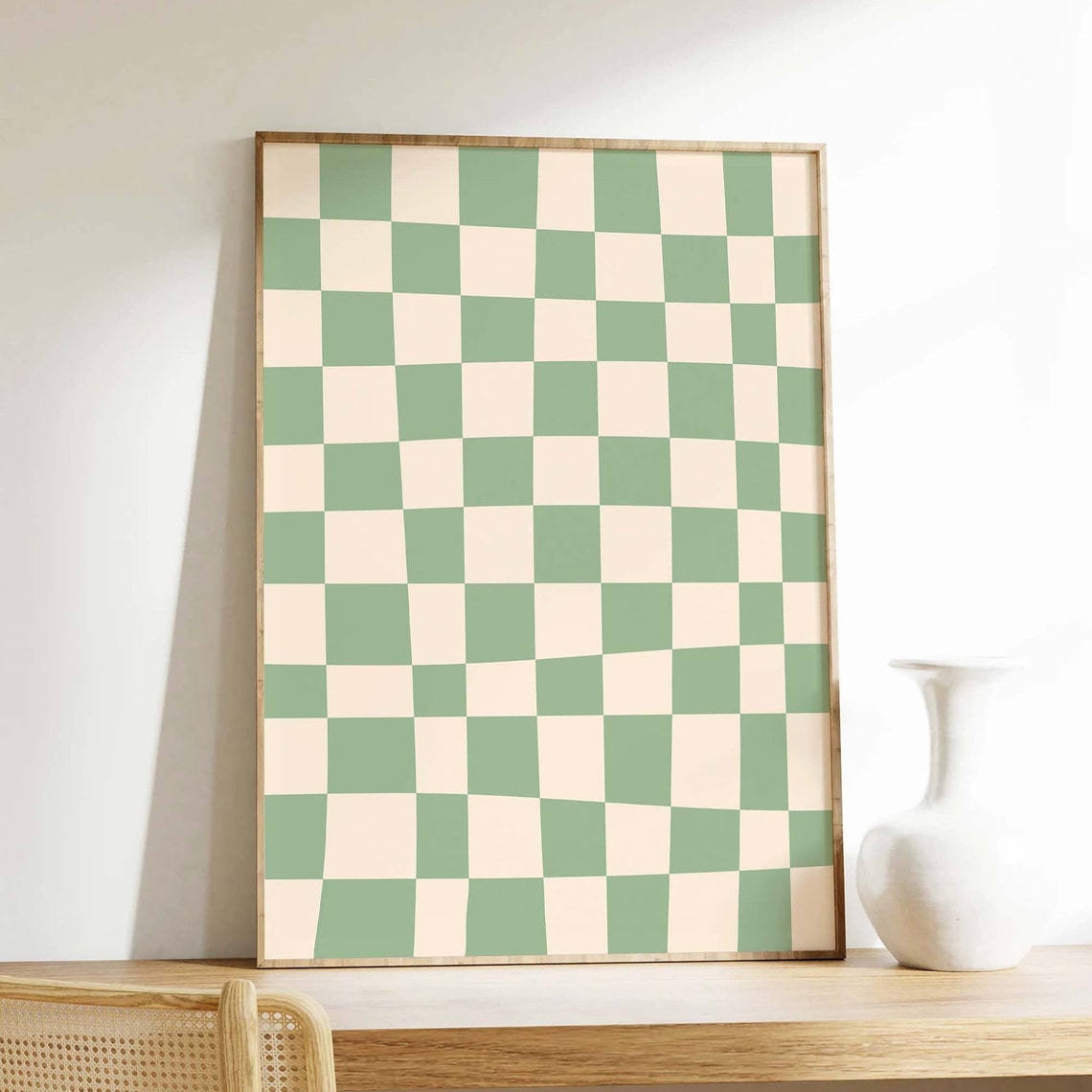 Green And White Abstract Print Art Trendy Checkered Print 70s Retro Art Cute Trendy Wall Art - Image 4