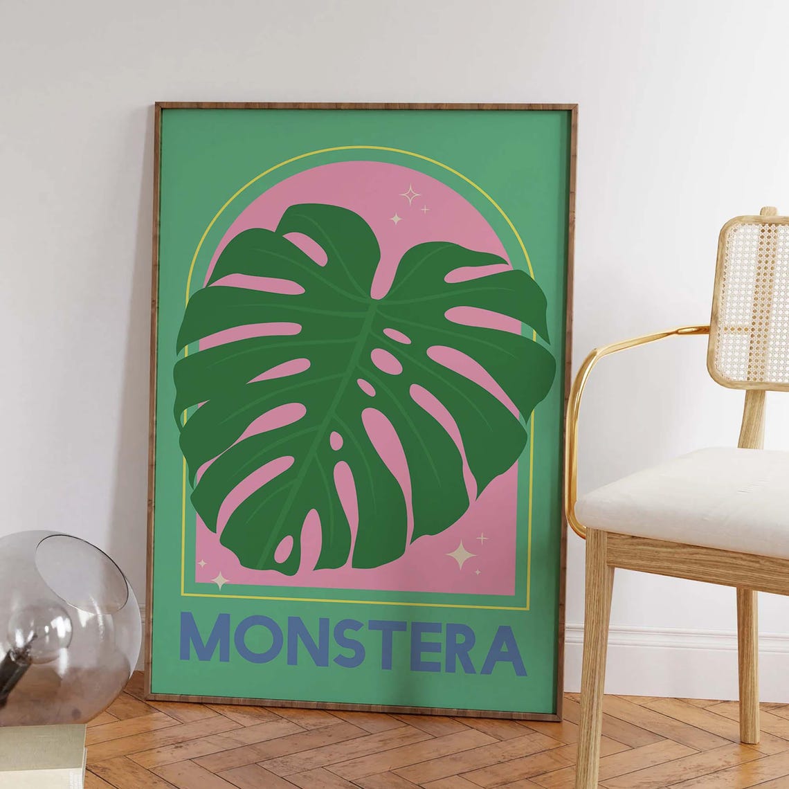 Monstera Leaf Botanical Green Pink Bold Modern Illustration Poster - Image 5