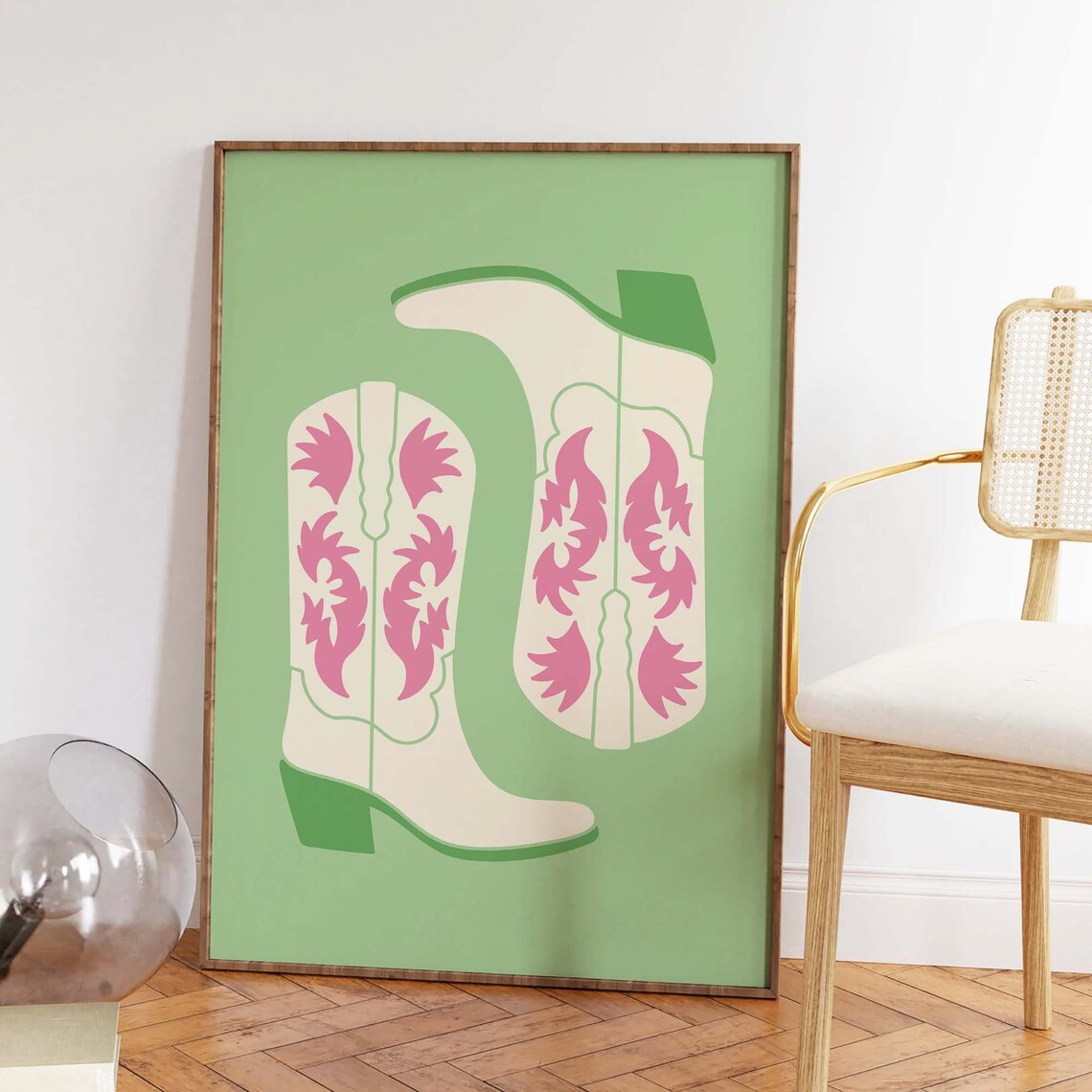 Pink Floral Cowgirl Boots Green Western Retro Cowgirl Poster - Image 2