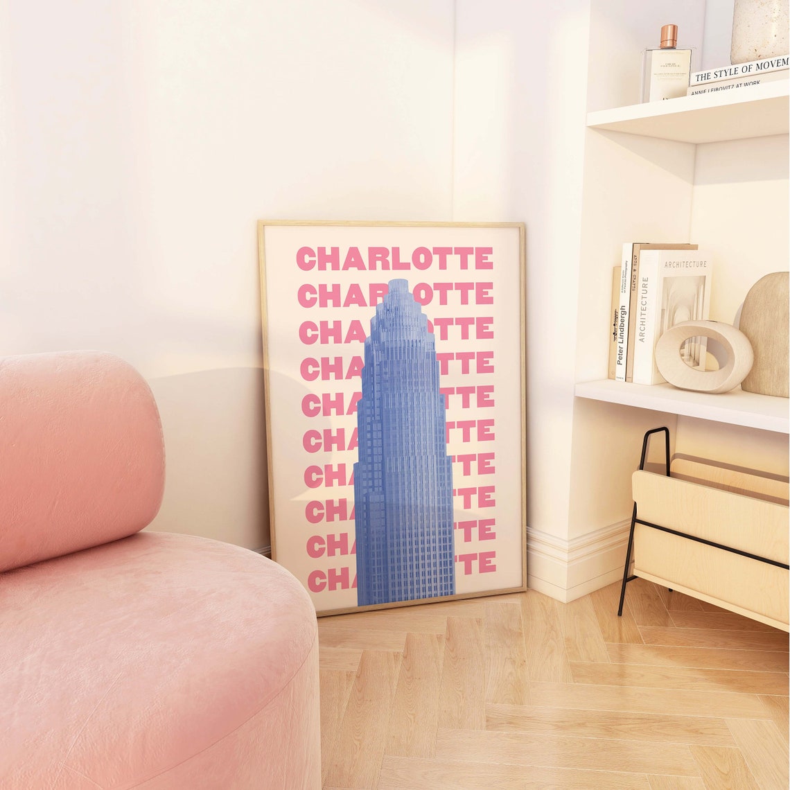 Charlotte North Carolina Pink Blue Retro Travel Typography Poster - Image 3