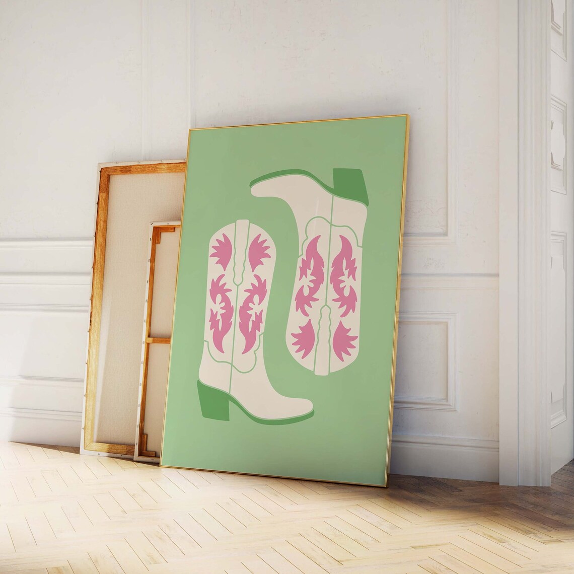 Pink Floral Cowgirl Boots Green Western Retro Cowgirl Poster - Image 4