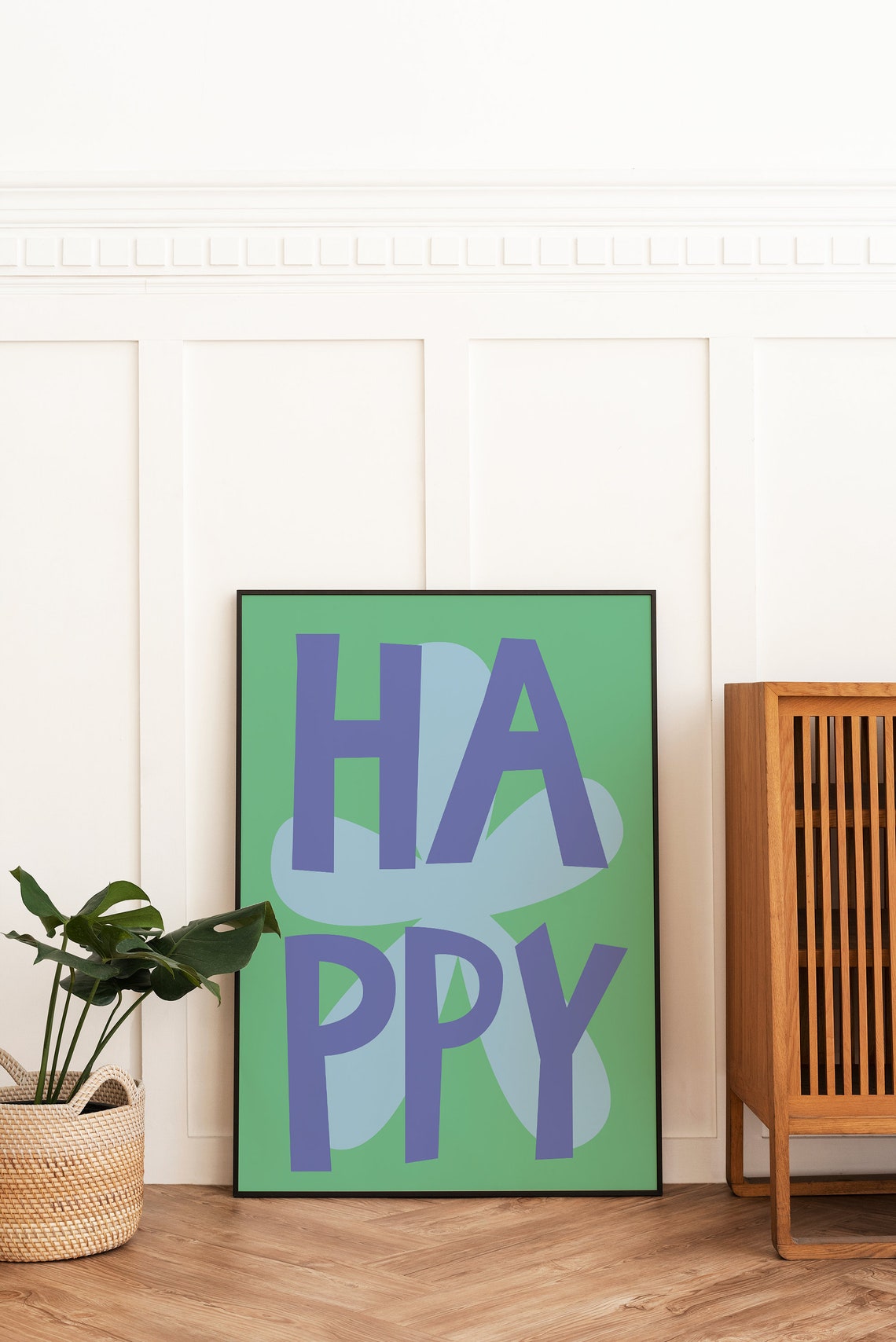 Happy Typography Blue Letters Green Floral Inspirational Poster - Image 3