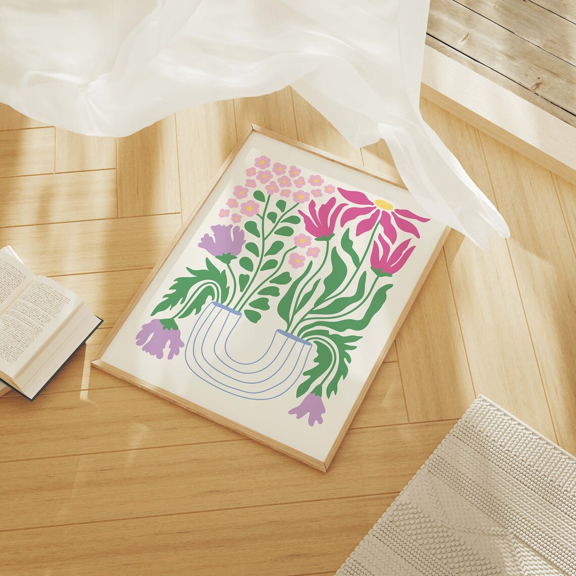 Pink Flowers Striped Vase Abstract Botanical Modern Floral Poster - Image 4
