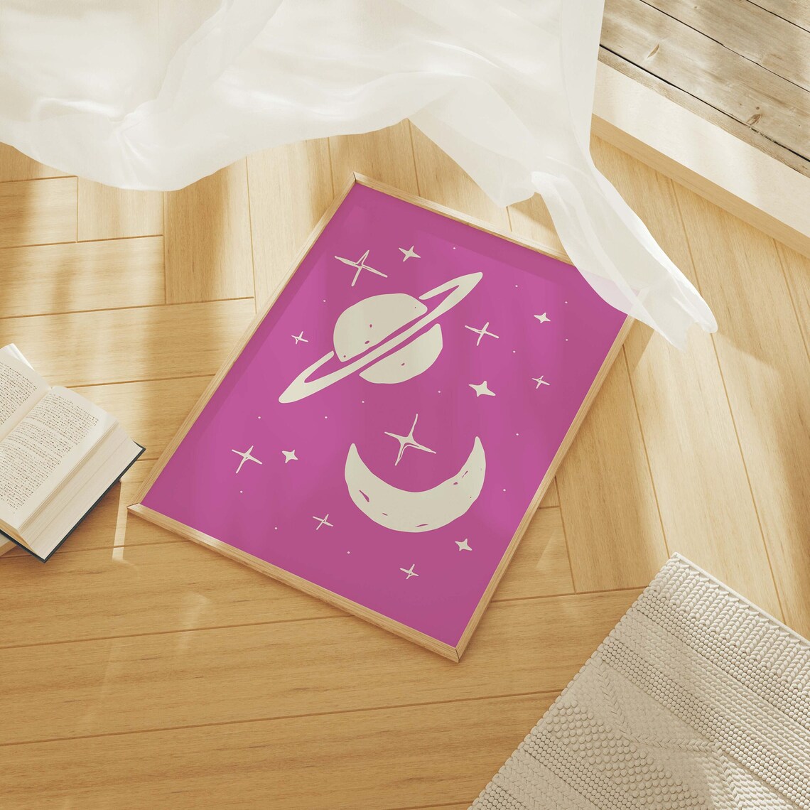 Pink Space Doodle Saturn Planet Moon Stars Cute Galaxy Poster - Image 4