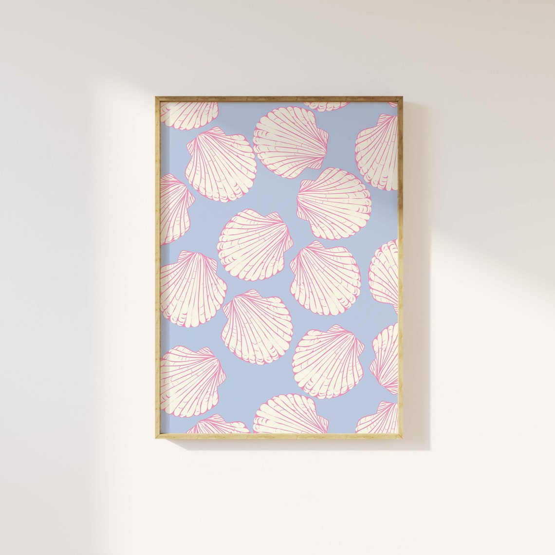 Scallop Shell Pattern Cream Pink Line Blue Coastal Girly Poster - Image 4