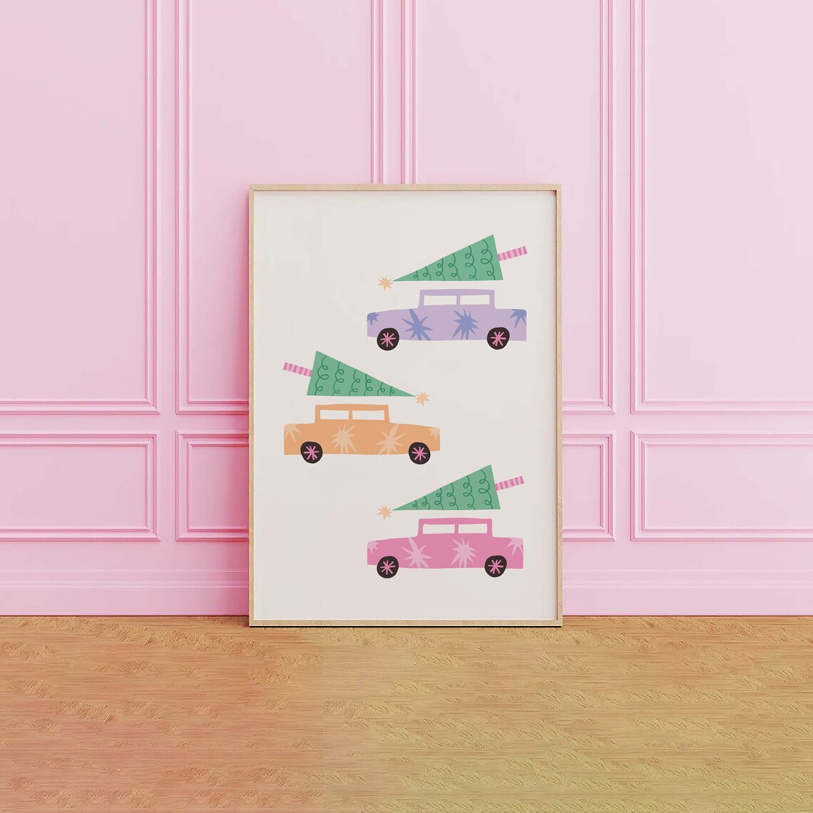 Pastel Cars Carrying Christmas Trees Retro Holiday Drive Poster - Image 2