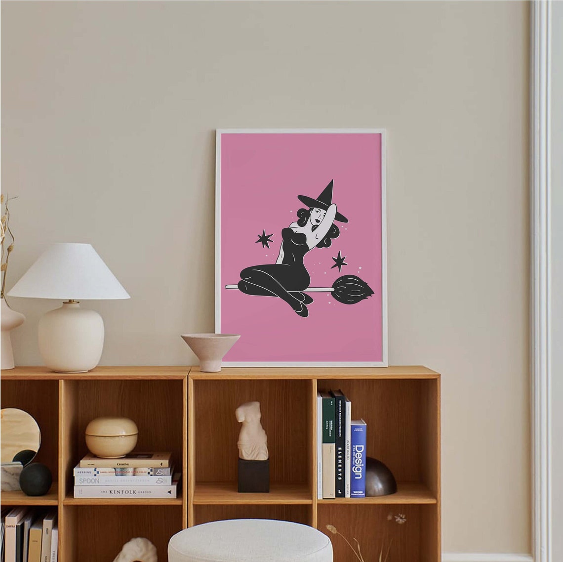 Pin Up Witch Riding Broom Pink Cute Retro Halloween Art Poster - Image 4