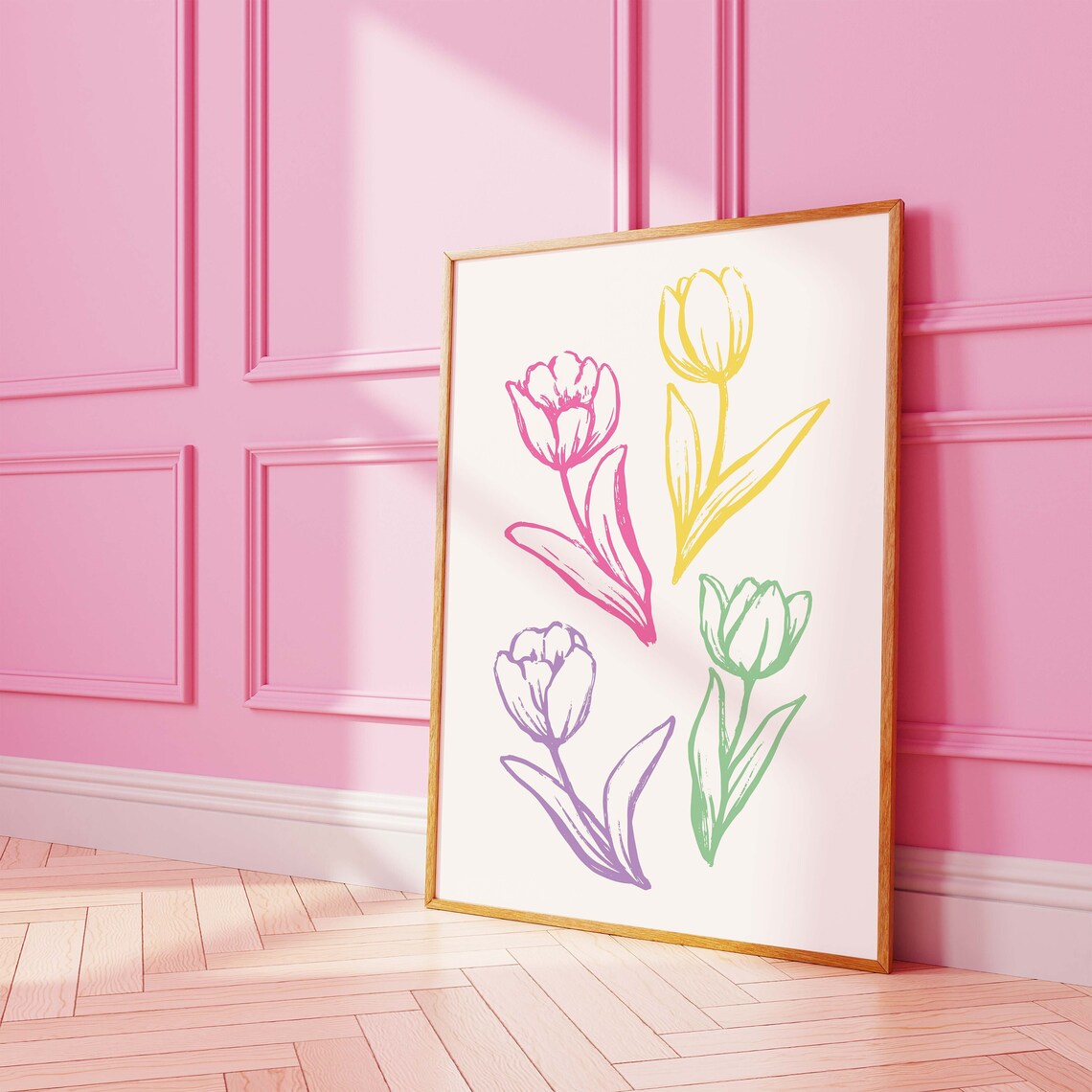 Line Art Tulips Pink Yellow Purple Green Sketch Floral Art Poster - Image 3