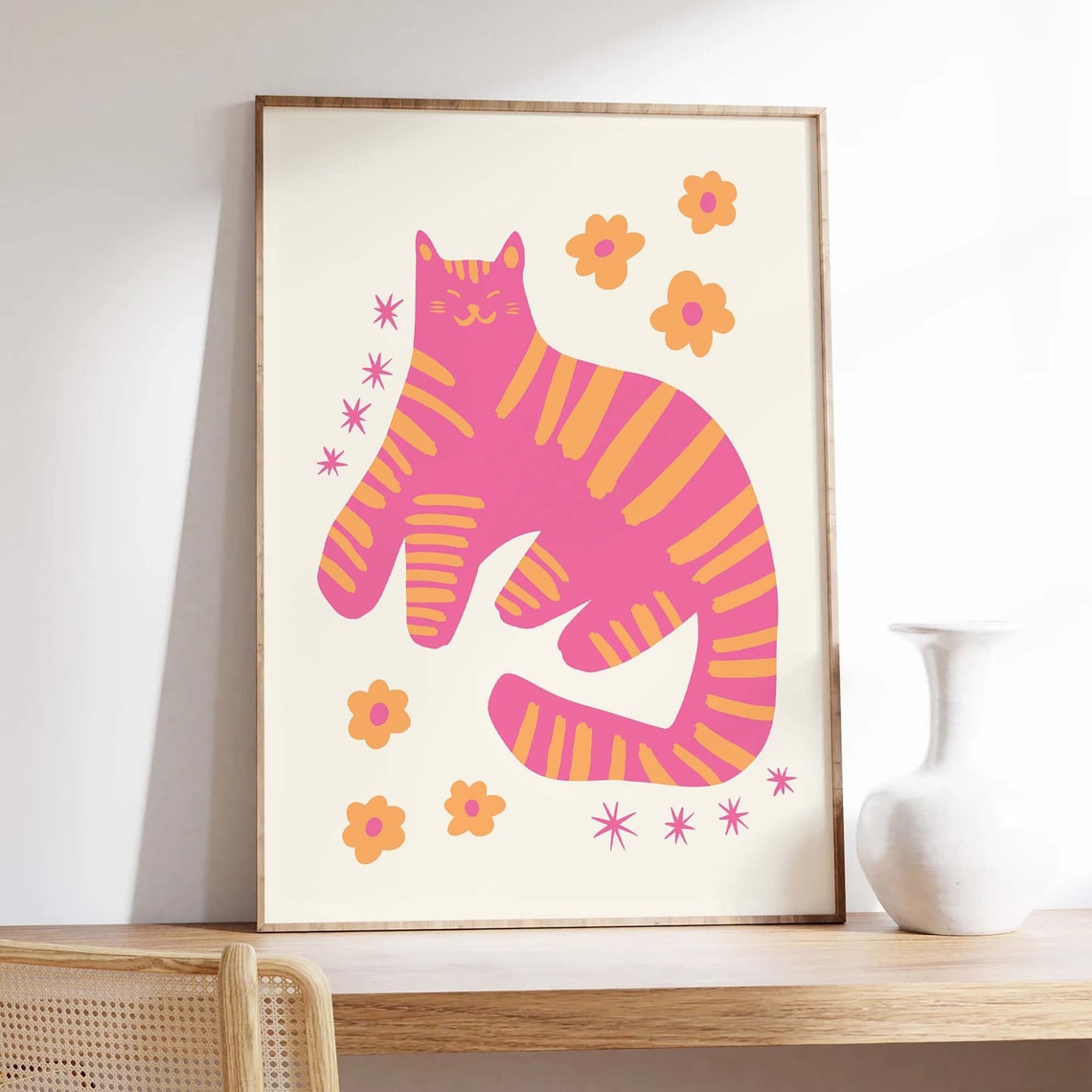 Pink Striped Cat With Orange Flowers Fun Whimsical Kitty Wall Print - Image 4