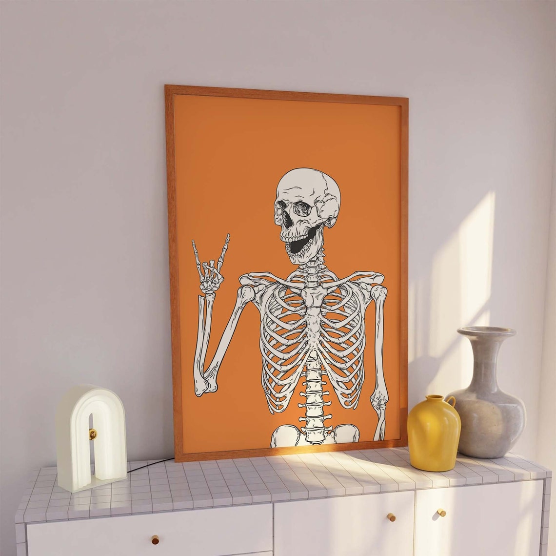 Skeleton Print Art Cute Orange Halloween Wall Decor Trendy Halloween Wall Art Spooky Season Poster - Image 4