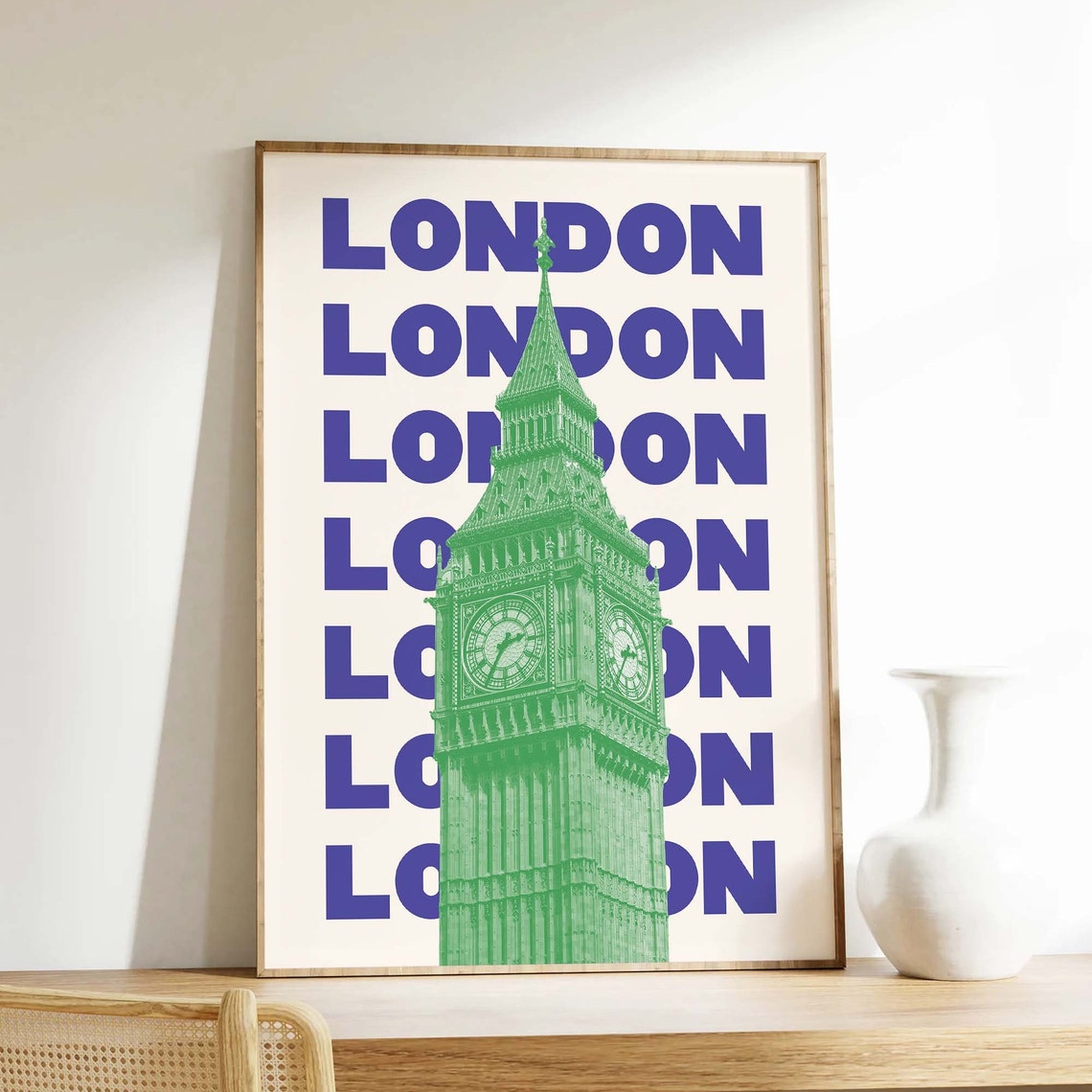 London Big Ben Clock Tower Poster with Green Tower Blue Typography - Image 2