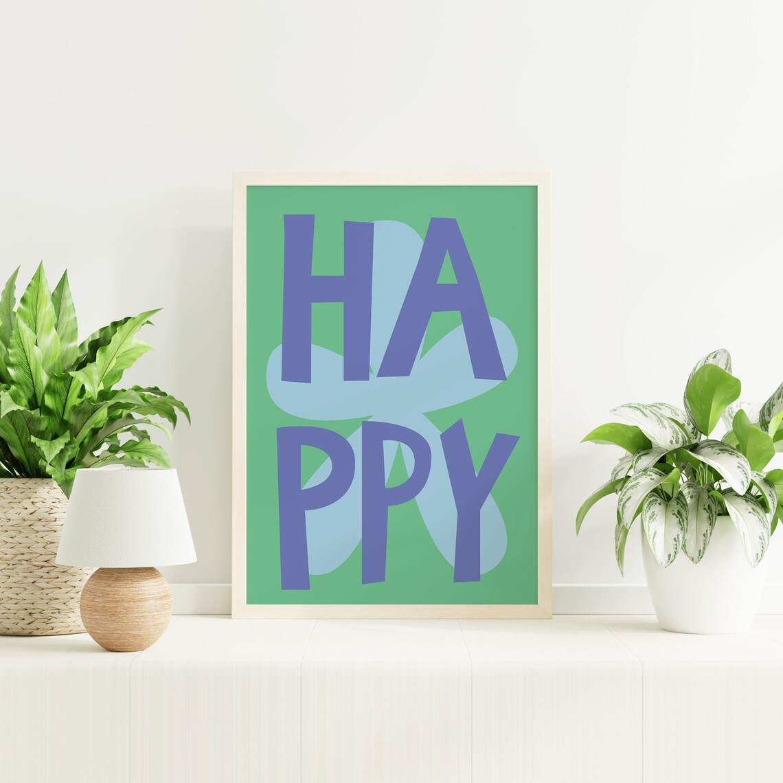 Happy Typography Blue Letters Green Floral Inspirational Poster - Image 4