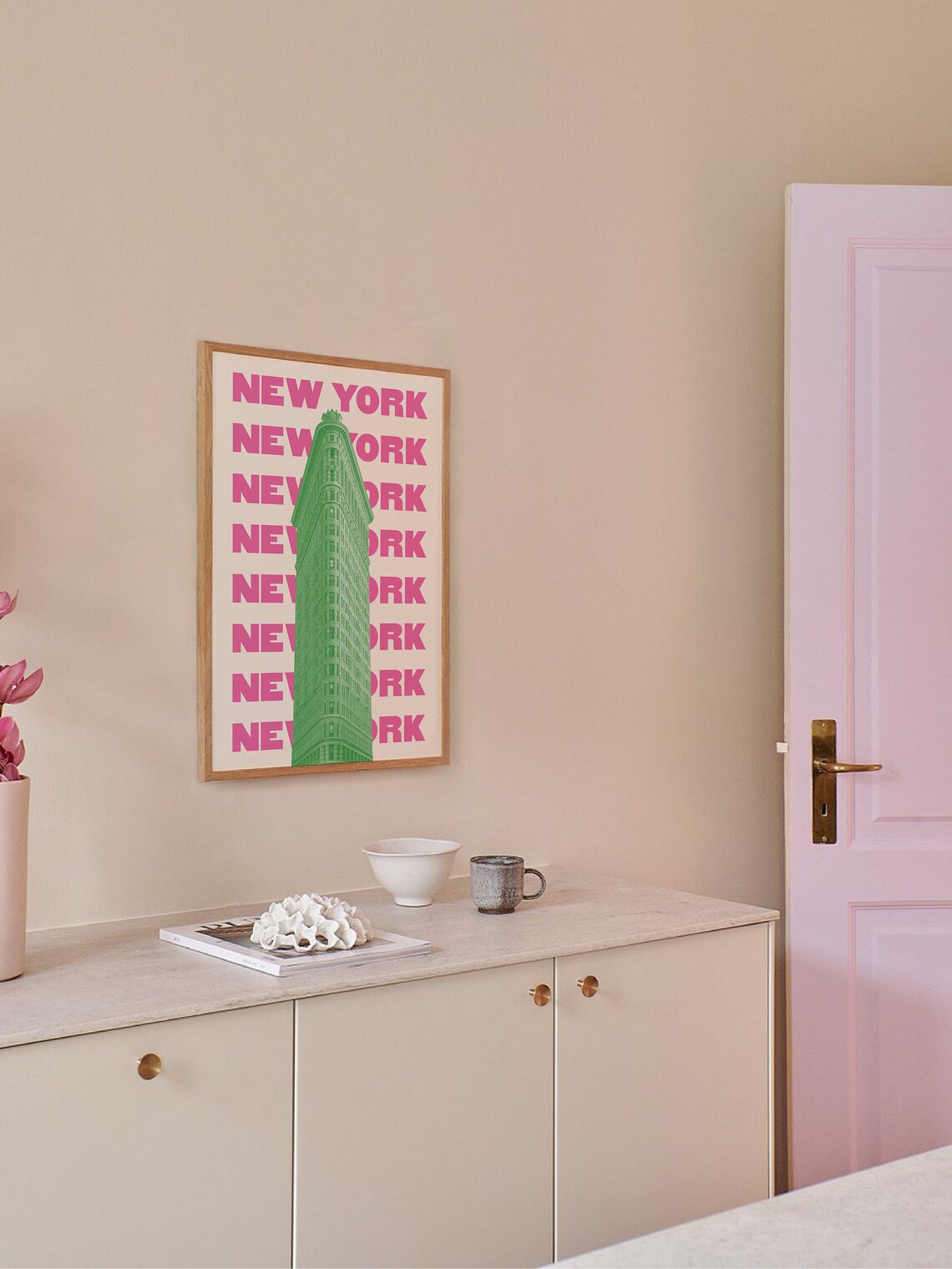 New York Flatiron Building Green Photo Pink Typography Travel Poster - Image 4