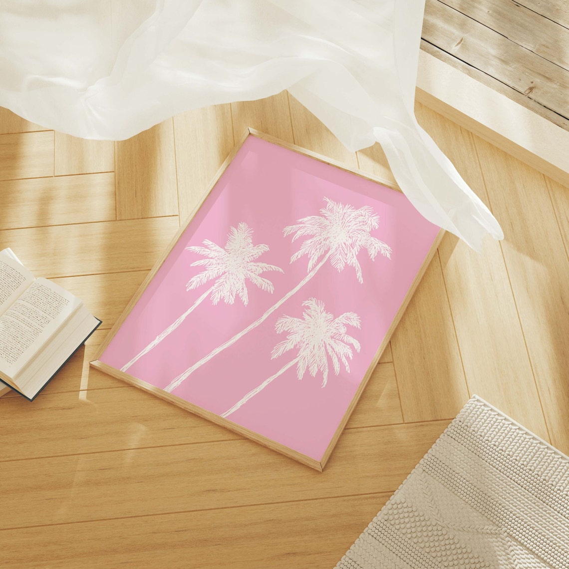 Pink Palm Trees White Line Sketch Tropical Summer Beach Poster - Image 4