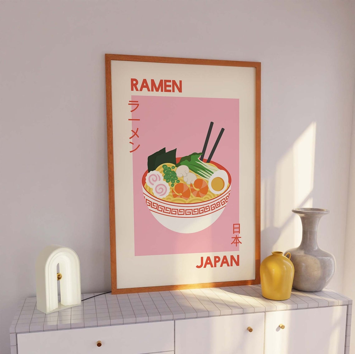 Japanese Ramen Bowl Poster with Pink Kitchen Art and Chopsticks - Image 5