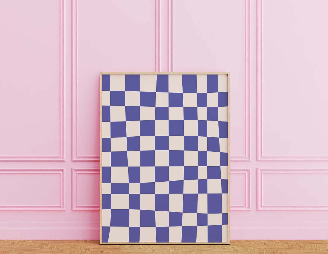 Blue And White Abstract Print Art Trendy Checkered Print 70s Retro Art Cute Trendy Wall Art - Image 3