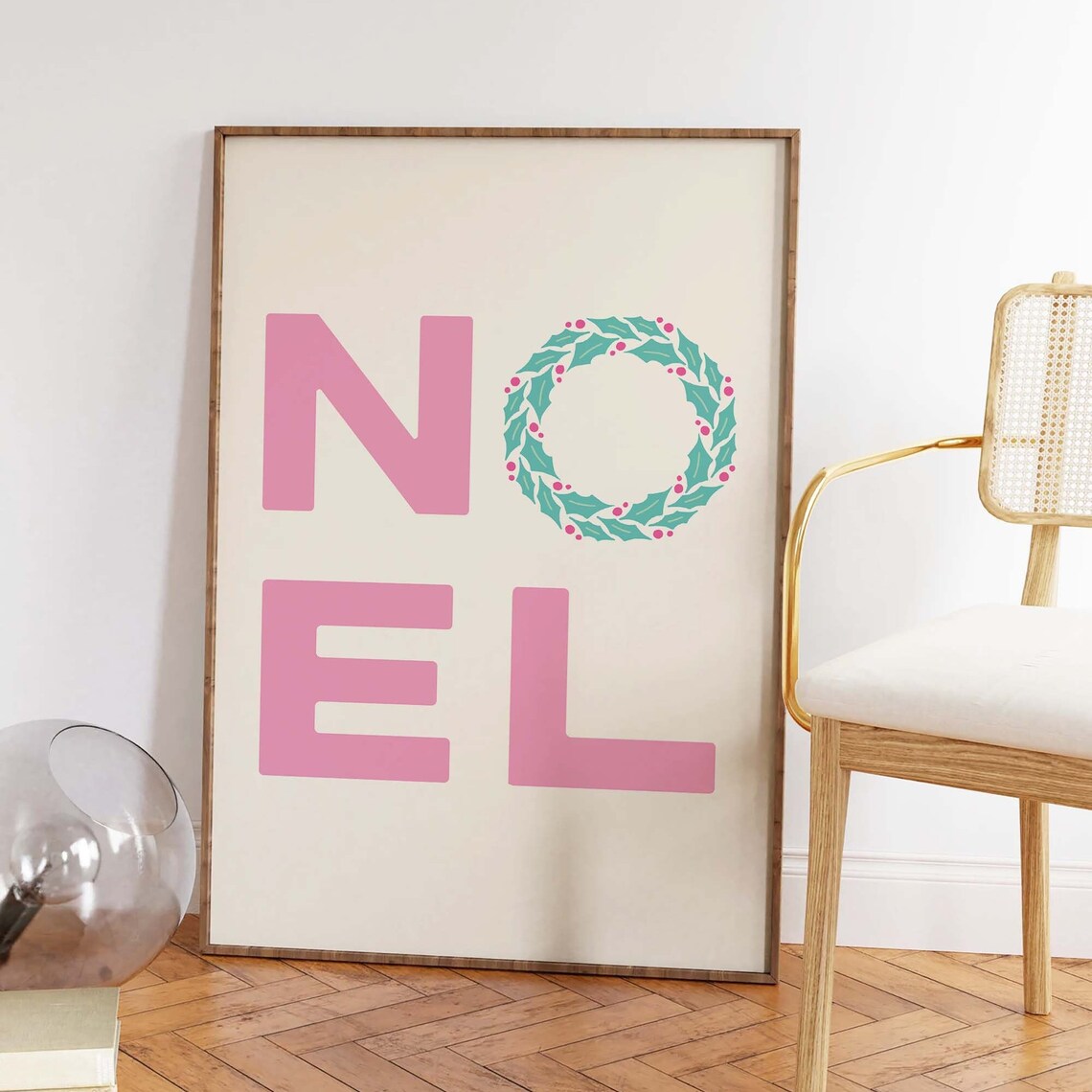 Noel Pink Typography Holly Wreath Letter O Christmas Word Wall Print - Image 2