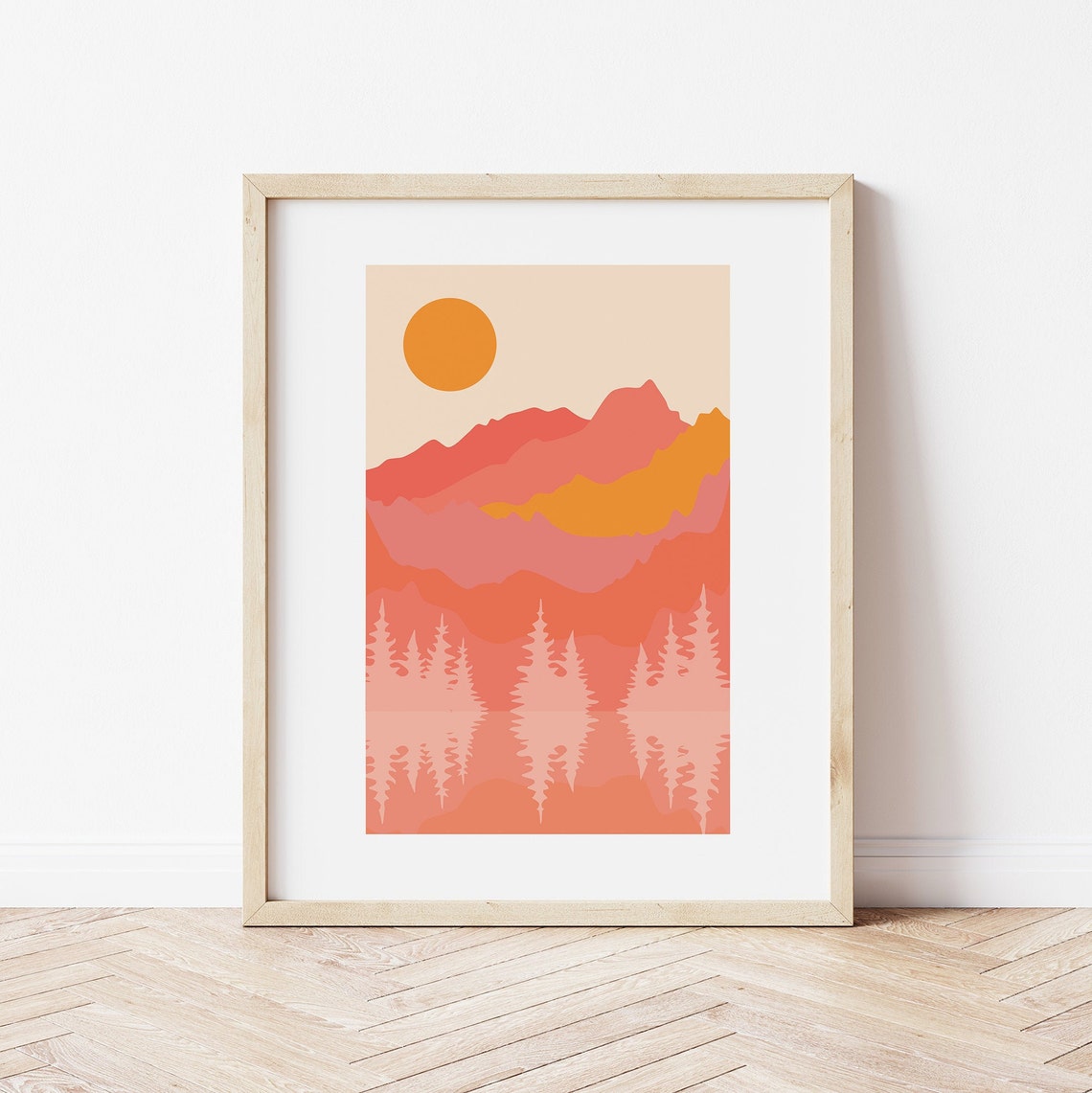 Mountain Lake Reflection Pine Trees Sunset Abstract Boho Poster