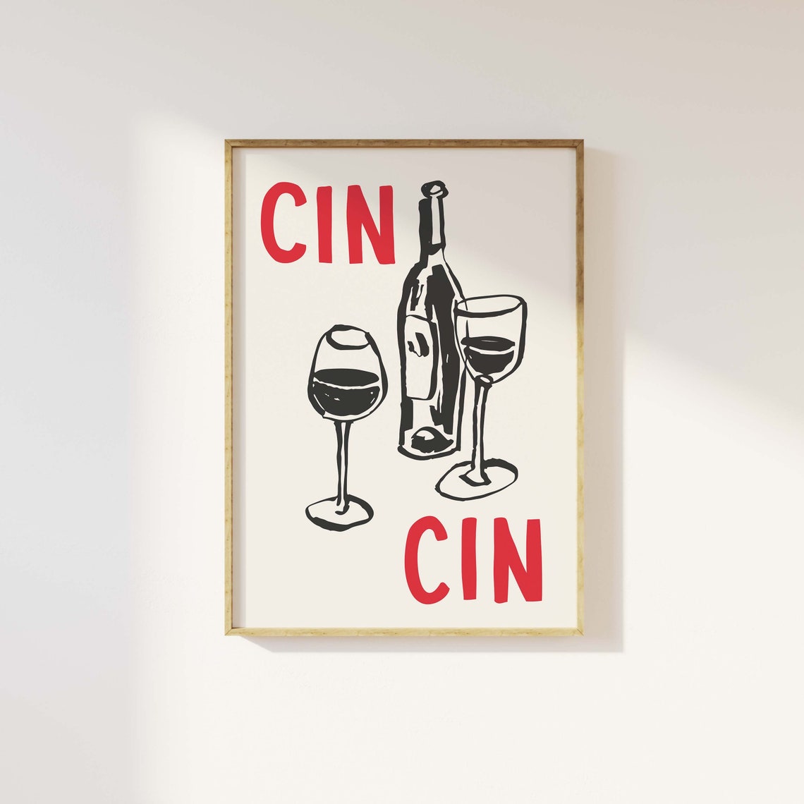 Cin Cin Cheers Red and Black Wine Bottle Glasses Bar Art Poster - Image 4