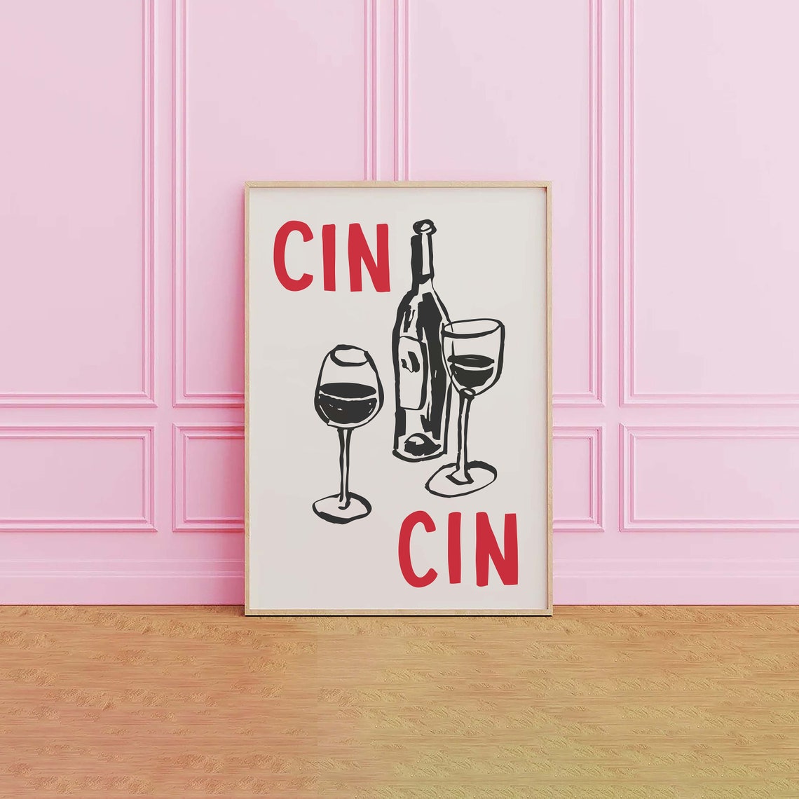 Cin Cin Cheers Red and Black Wine Bottle Glasses Bar Art Poster - Image 3