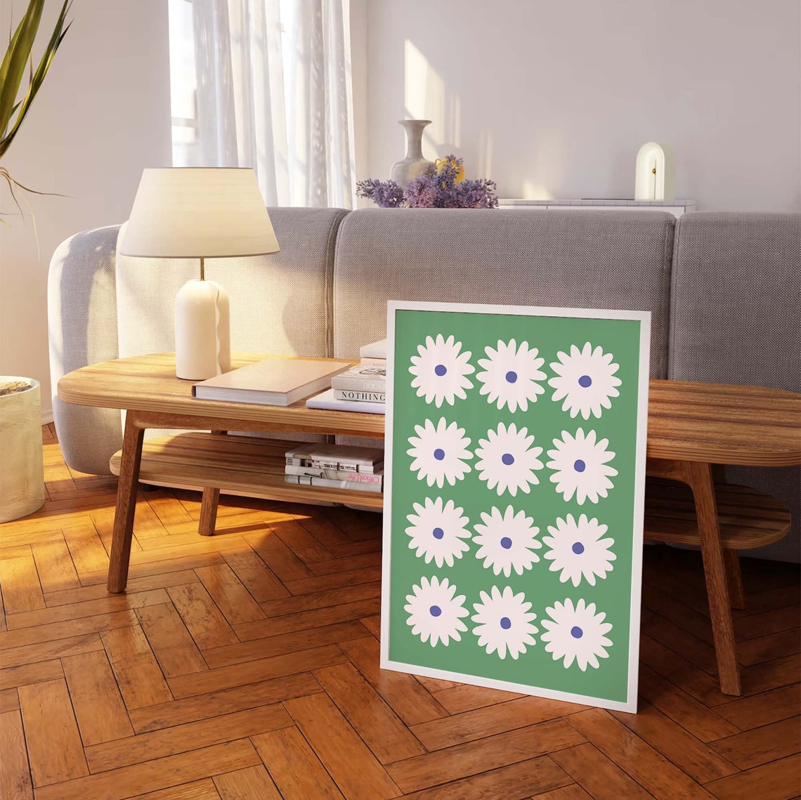 White Daisy Grid Fresh Green Background Retro Floral Art Poster - Image 4